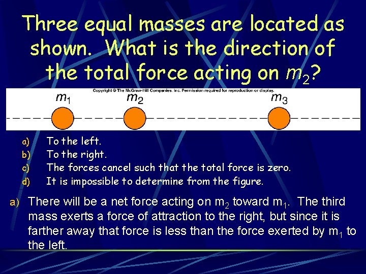 Three equal masses are located as shown. What is the direction of the total