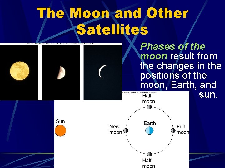 The Moon and Other Satellites Phases of the moon result from the changes in