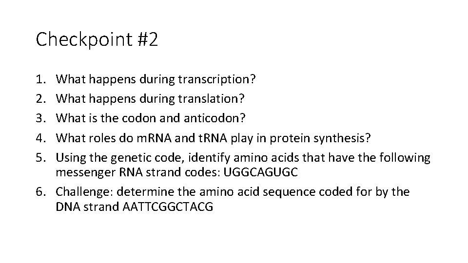 Checkpoint #2 1. 2. 3. 4. 5. What happens during transcription? What happens during