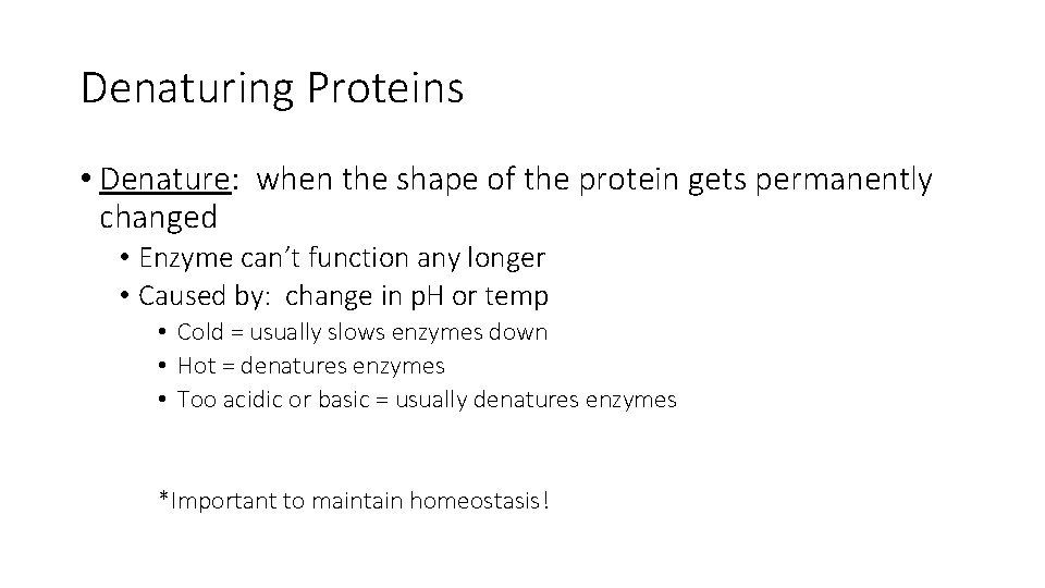 Denaturing Proteins • Denature: when the shape of the protein gets permanently changed •