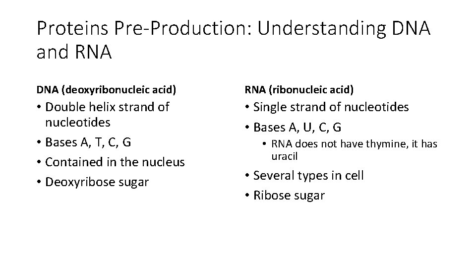 Proteins Pre-Production: Understanding DNA and RNA DNA (deoxyribonucleic acid) RNA (ribonucleic acid) • Double