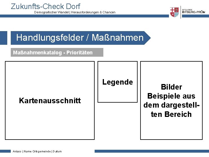 Zukunfts-Check Dorf Demografischer Wandel | Herausforderungen & Chancen Handlungsfelder / Maßnahmenkatalog - Prioritäten Legende