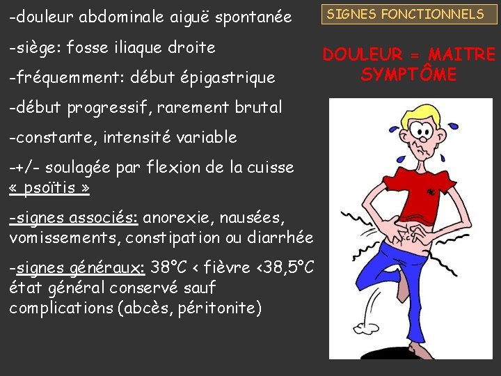 -douleur abdominale aiguë spontanée -siège: fosse iliaque droite -fréquemment: début épigastrique -début progressif, rarement