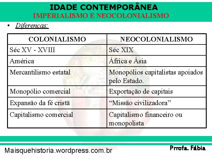 IDADE CONTEMPOR NEA IMPERIALISMO E NEOCOLONIALISMO • Diferenças: COLONIALISMO Séc XV - XVIII NEOCOLONIALISMO