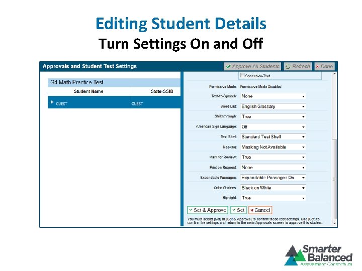 Editing Student Details Turn Settings On and Off 