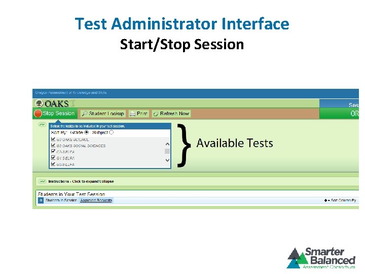 Test Administrator Interface Start/Stop Session 