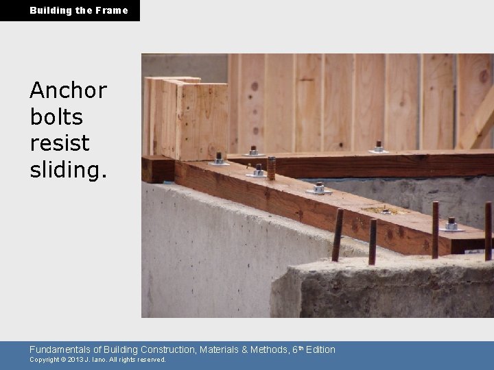 Building the Frame Anchor bolts resist sliding. Fundamentals of Building Construction, Materials & Methods,