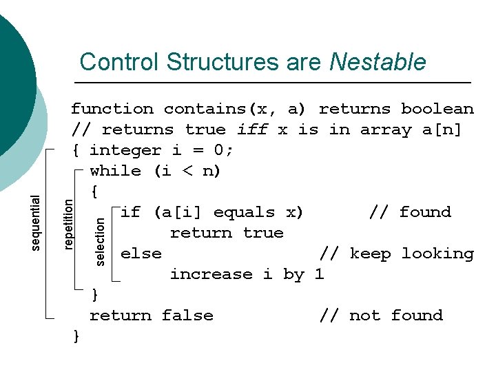selection function contains(x, a) returns boolean // returns true iff x is in array