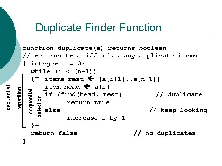 selection function duplicate(a) returns boolean // returns true iff a has any duplicate items