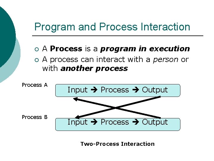 Program and Process Interaction ¡ ¡ A Process is a program in execution A