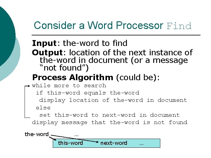 Consider a Word Processor Find Input: the-word to find Output: location of the next
