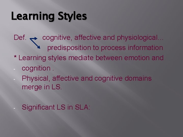 Learning Styles Def. cognitive, affective and physiological… predisposition to process information * Learning styles