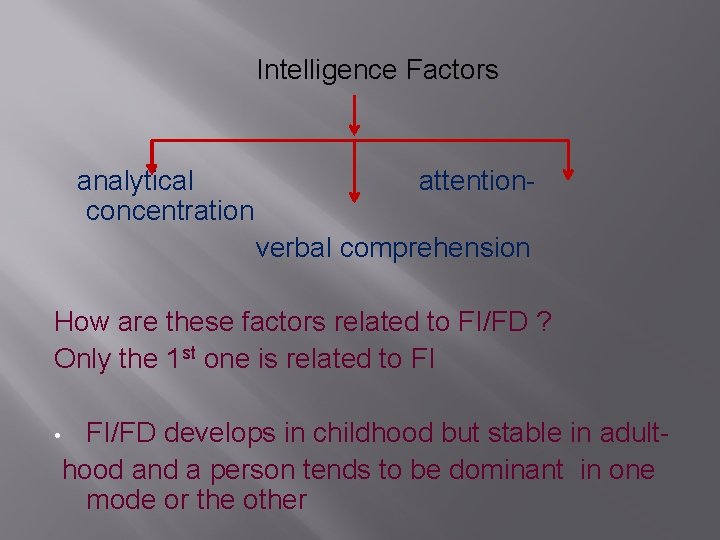 Intelligence Factors analytical concentration attentionverbal comprehension How are these factors related to FI/FD ?