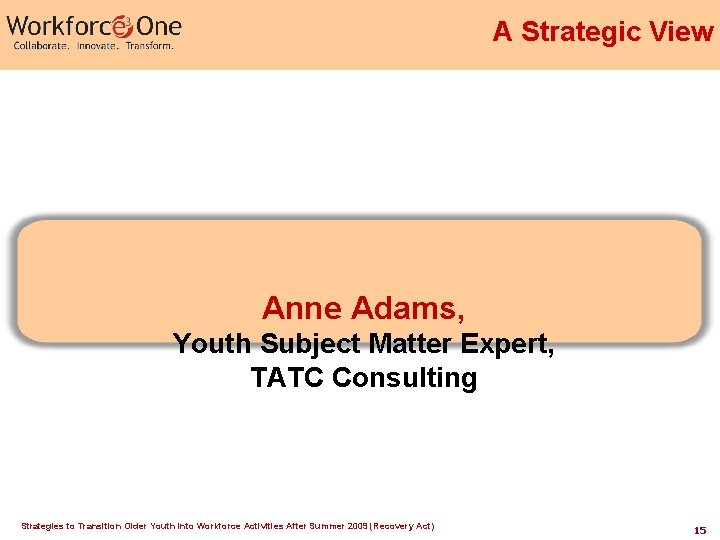 A Strategic View Anne Adams, Youth Subject Matter Expert, TATC Consulting Strategies to Transition A Strategic View Anne Adams, Youth Subject Matter Expert, TATC Consulting Strategies to Transition