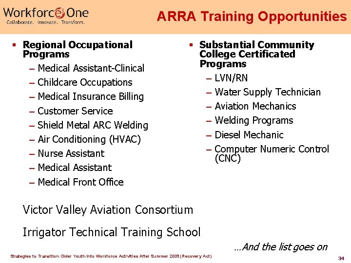 ARRA Training Opportunities § Regional Occupational Programs – Medical Assistant-Clinical – Childcare Occupations – ARRA Training Opportunities § Regional Occupational Programs – Medical Assistant-Clinical – Childcare Occupations –