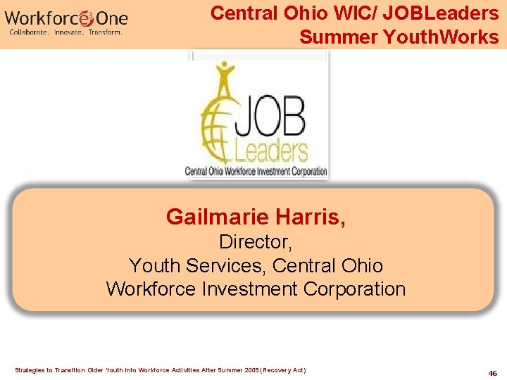 Central Ohio WIC/ JOBLeaders Summer Youth. Works Gailmarie Harris, Director, Youth Services, Central Ohio Central Ohio WIC/ JOBLeaders Summer Youth. Works Gailmarie Harris, Director, Youth Services, Central Ohio