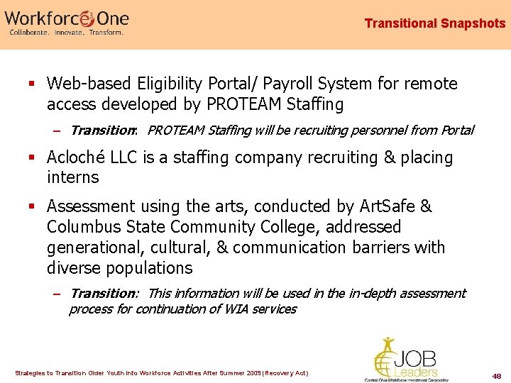 Transitional Snapshots § Web-based Eligibility Portal/ Payroll System for remote access developed by PROTEAM Transitional Snapshots § Web-based Eligibility Portal/ Payroll System for remote access developed by PROTEAM
