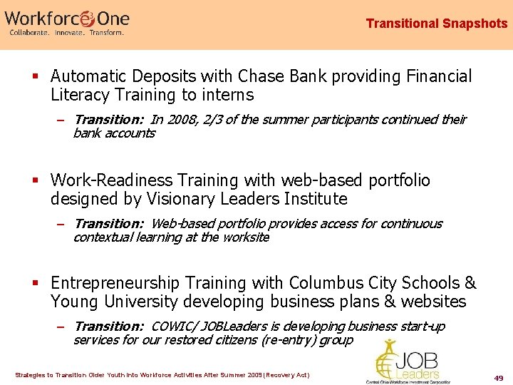 Transitional Snapshots § Automatic Deposits with Chase Bank providing Financial Literacy Training to interns Transitional Snapshots § Automatic Deposits with Chase Bank providing Financial Literacy Training to interns