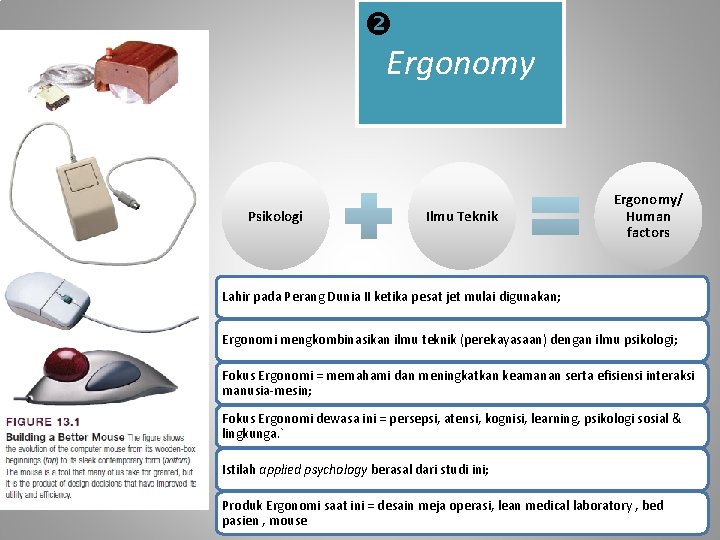  Ergonomy Psikologi Ilmu Teknik Ergonomy/ Human factors Lahir pada Perang Dunia II ketika