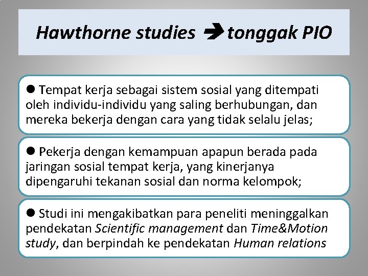 Hawthorne studies tonggak PIO Tempat kerja sebagai sistem sosial yang ditempati oleh individu-individu yang