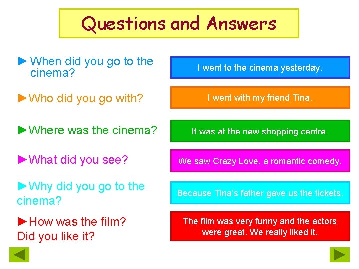 Questions and Answers ► When did you go to the cinema? ►Who did you