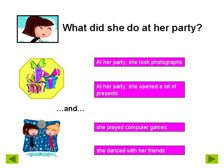 What did she do at her party? At her party, she took photographs At