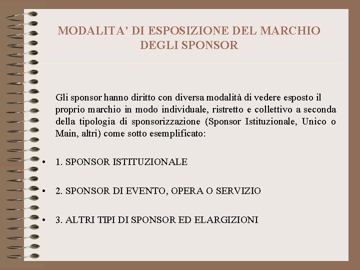 MODALITA’ DI ESPOSIZIONE DEL MARCHIO DEGLI SPONSOR Gli sponsor hanno diritto con diversa modalità