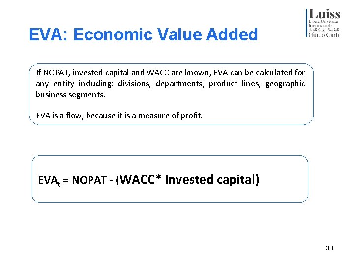 EVA: Economic Value Added If NOPAT, invested capital and WACC are known, EVA can