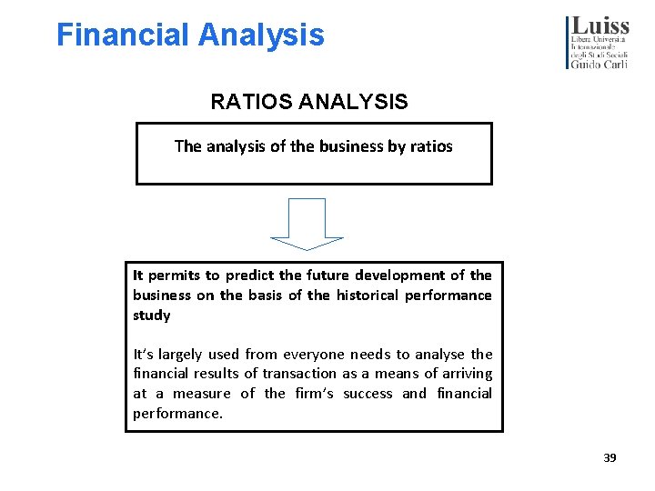 Financial Analysis RATIOS ANALYSIS The analysis of the business by ratios It permits to