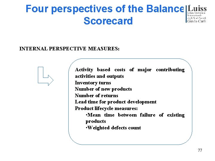 Four perspectives of the Balanced Scorecard INTERNAL PERSPECTIVE MEASURES: Activity based costs of major