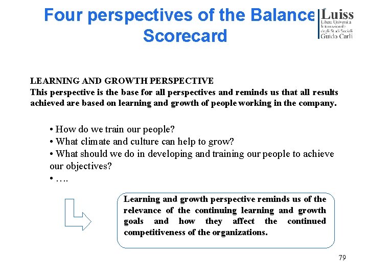 Four perspectives of the Balanced Scorecard LEARNING AND GROWTH PERSPECTIVE This perspective is the