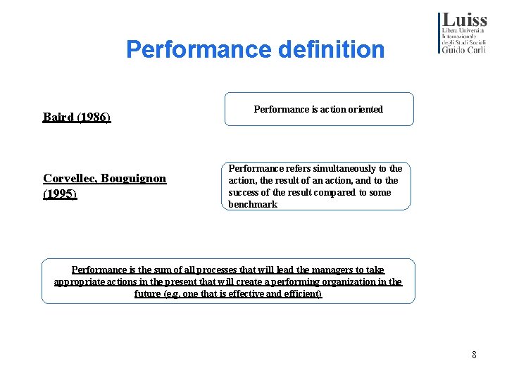Performance definition Baird (1986) Corvellec, Bouguignon (1995) Performance is action oriented Performance refers simultaneously