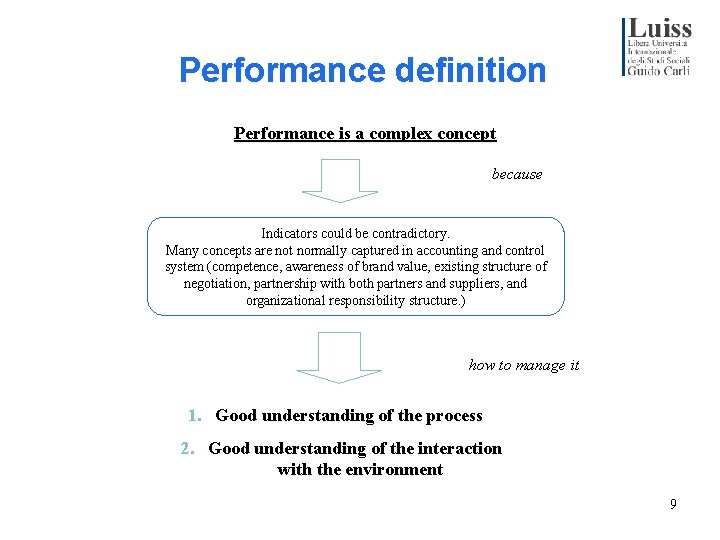 Performance definition Performance is a complex concept because Indicators could be contradictory. Many concepts