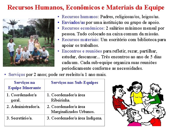 Recursos Humanos, Econômicos e Materiais da Equipe • Recursos humanos: Padres, religiosas/os, leigos/as. •