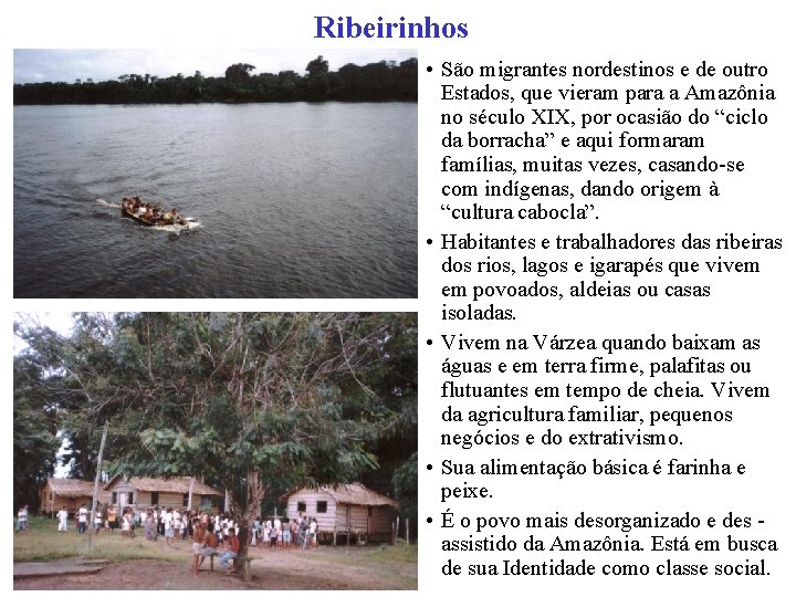 Ribeirinhos • São migrantes nordestinos e de outro Estados, que vieram para a Amazônia