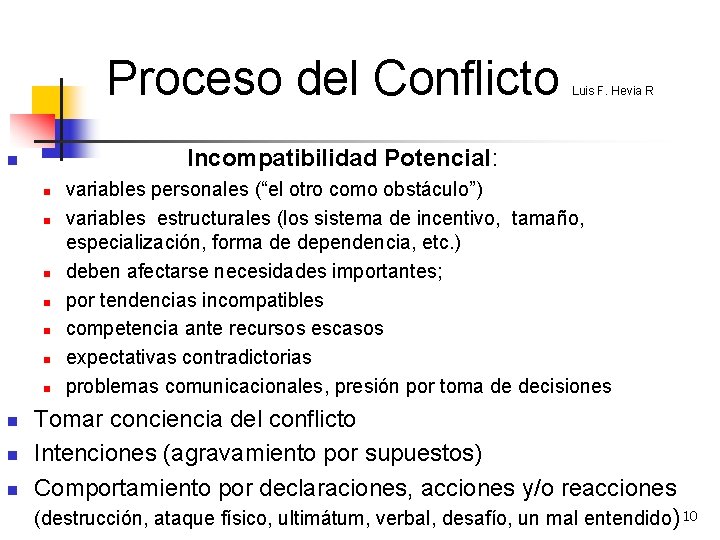 Proceso del Conflicto Incompatibilidad Potencial: n n n Luis F. Hevia R variables personales