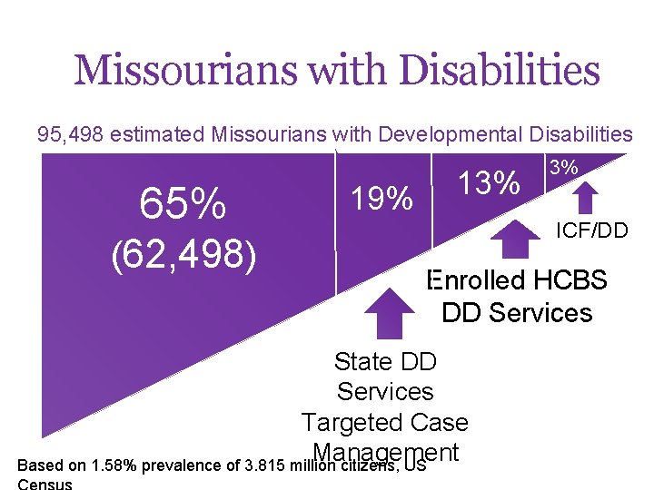Missourians with Disabilities 95, 498 estimated Missourians with Developmental Disabilities 65% (62, 498) 19%
