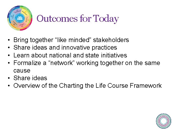 Outcomes for Today • • Bring together “like minded” stakeholders Share ideas and innovative