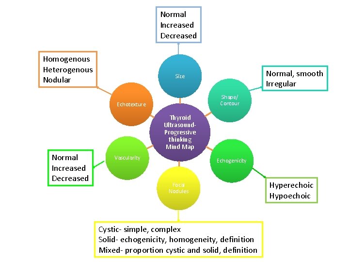 Normal Increased Decreased Homogenous Heterogenous Nodular Normal, smooth Irregular Size Shape/ Contour Echotexture Thyroid