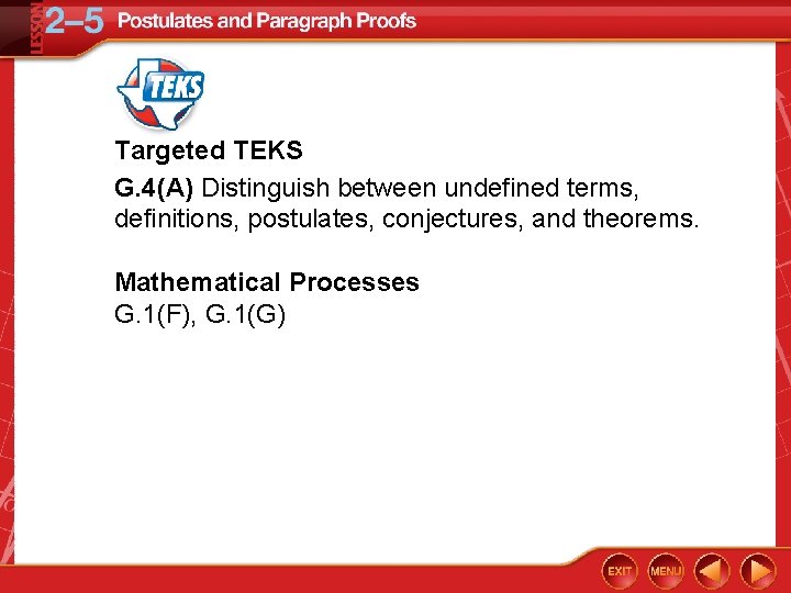 Targeted TEKS G. 4(A) Distinguish between undefined terms, definitions, postulates, conjectures, and theorems. Mathematical