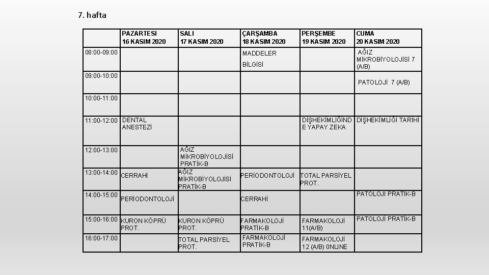 7. hafta PAZARTESI 16 KASIM 2020 SALI 17 KASIM 2020 08: 00 -09: 00