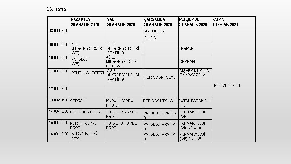 13. hafta PAZARTESI 28 ARALIK 2020 SALI 29 ARALIK 2020 08: 00 -09: 00