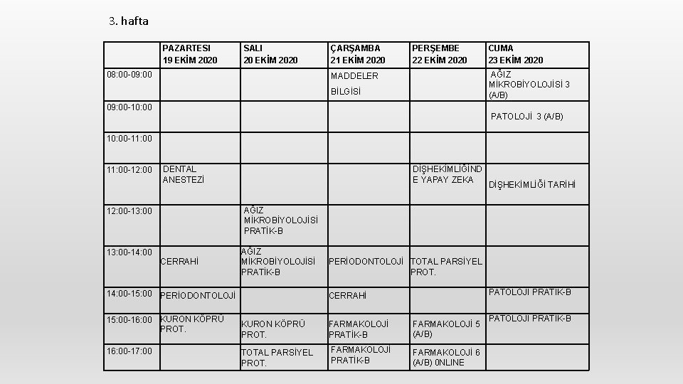 3. hafta PAZARTESI 19 EKİM 2020 SALI 20 EKİM 2020 08: 00 -09: 00