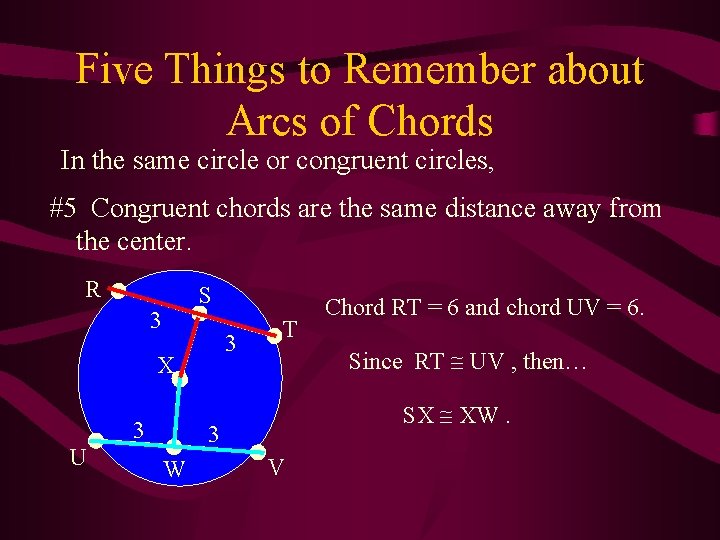 Five Things to Remember about Arcs of Chords In the same circle or congruent