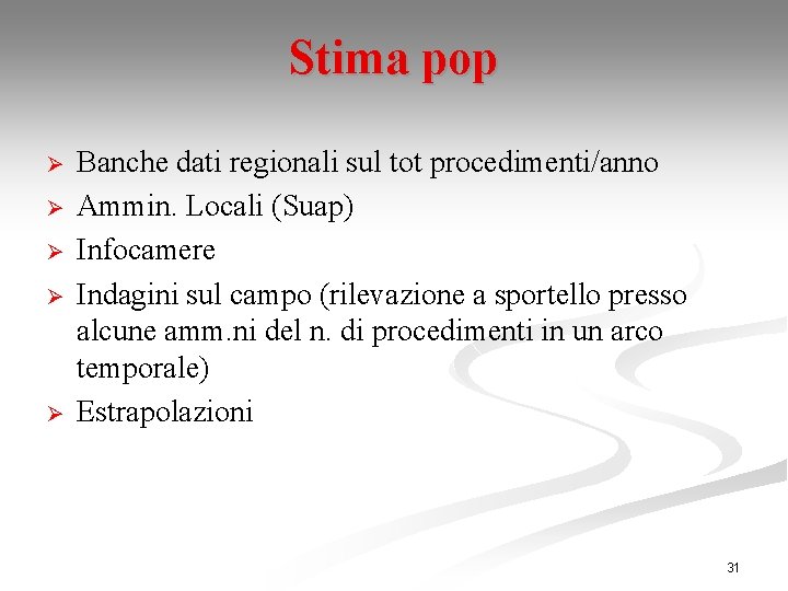 Stima pop Ø Ø Ø Banche dati regionali sul tot procedimenti/anno Ammin. Locali (Suap)