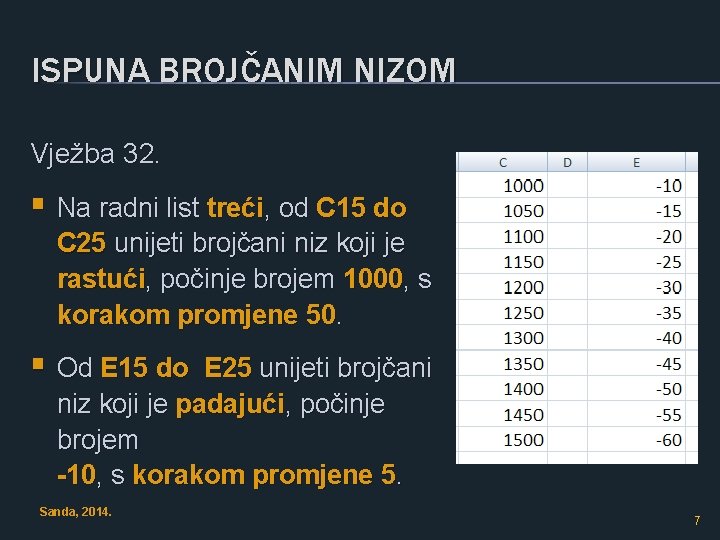 ISPUNA BROJČANIM NIZOM Vježba 32. § Na radni list treći, od C 15 do