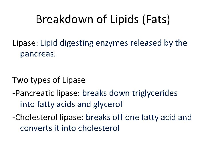 Breakdown of Lipids (Fats) Lipase: Lipid digesting enzymes released by the pancreas. Two types