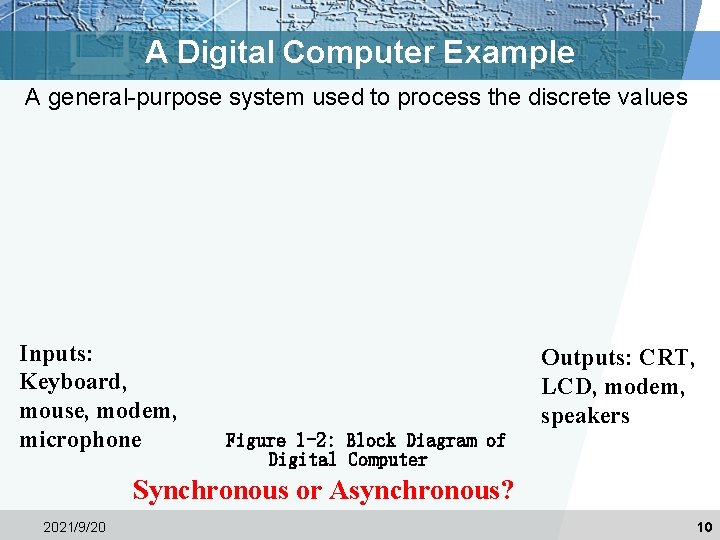 A Digital Computer Example A general-purpose system used to process the discrete values Inputs: