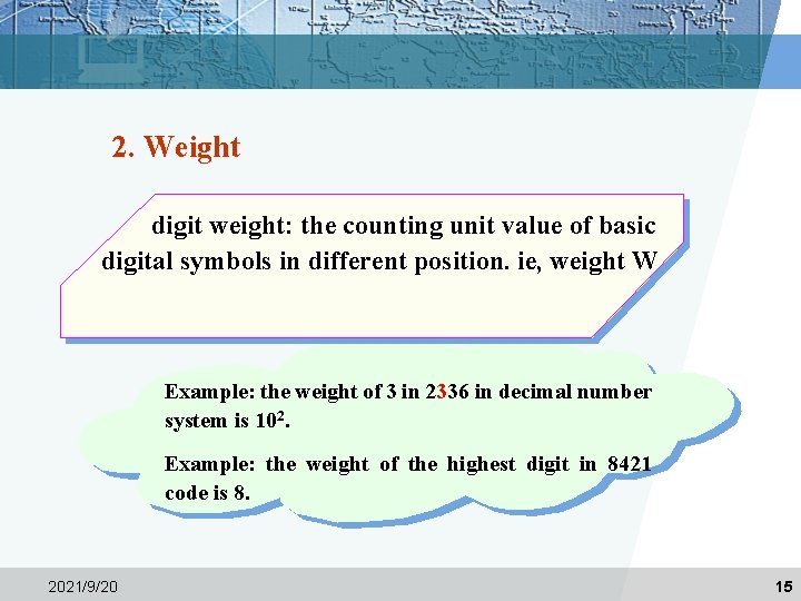 2. Weight digit weight: the counting unit value of basic digital symbols in different