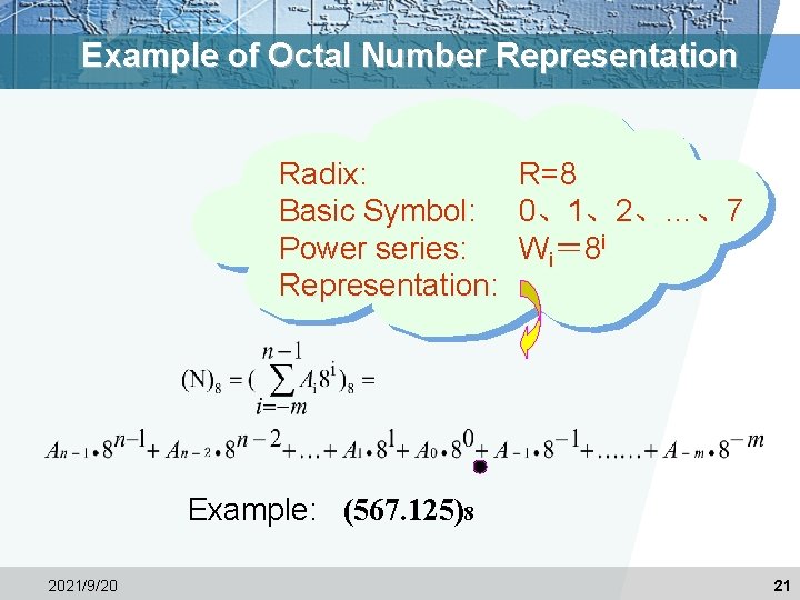 Example of Octal Number Representation Radix: Basic Symbol: Power series: Representation: R=8 0、1、2、…、7 Wi＝